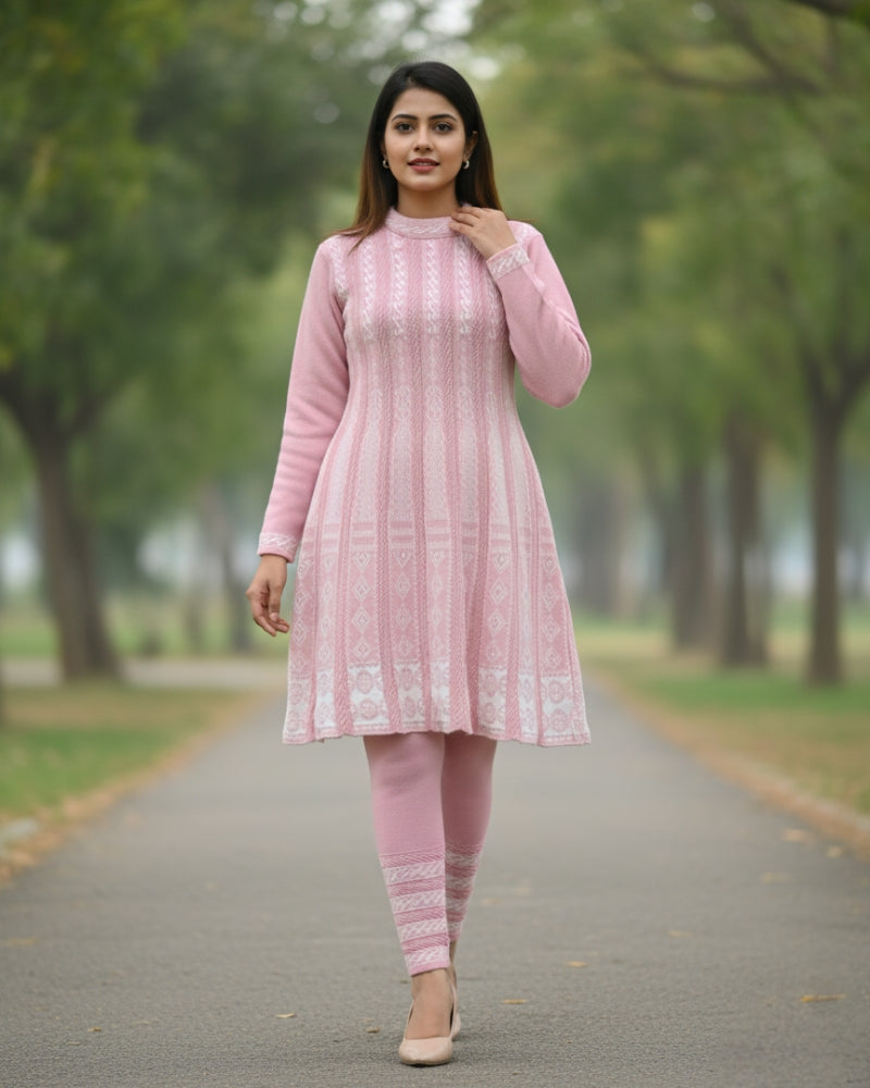 KRITI बुना हुआ ऊनी फ्रॉक कुर्ता सेट | बॉटम वियर के साथ 2-पीस विंटर कुर्ती 