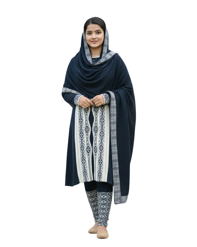 Full Sleeve Knee Length Hair Wool Fabric Navy Color 3 PC Kurti Set For Women