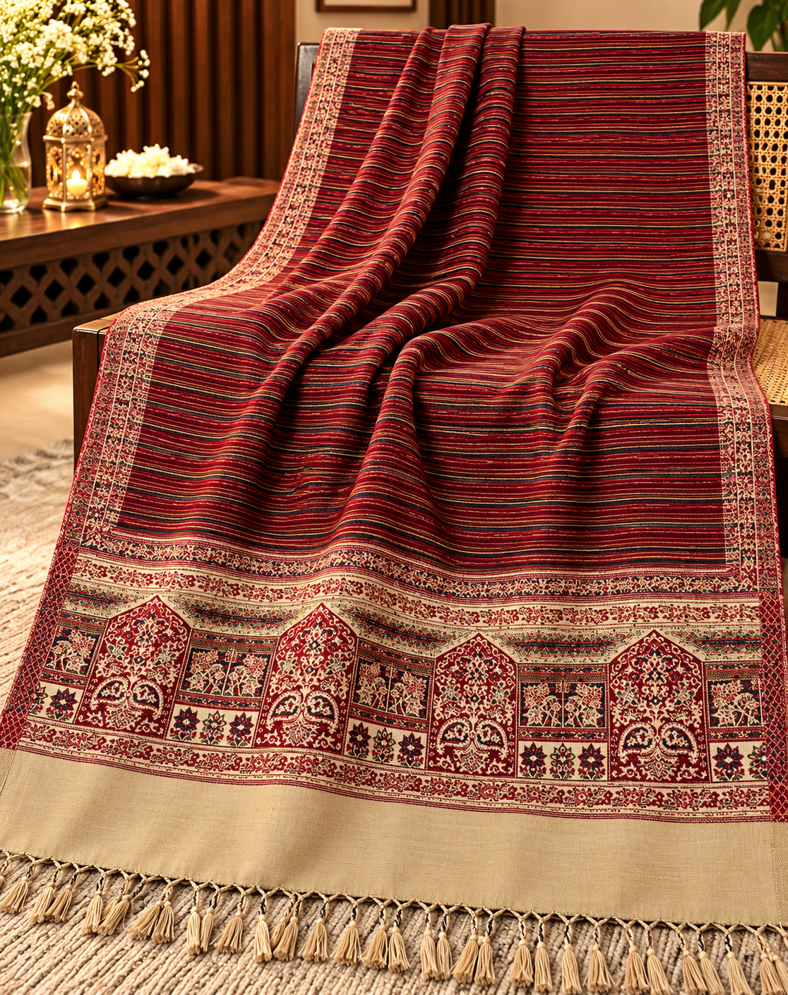 Winter woollen close strip design stole - Maroon