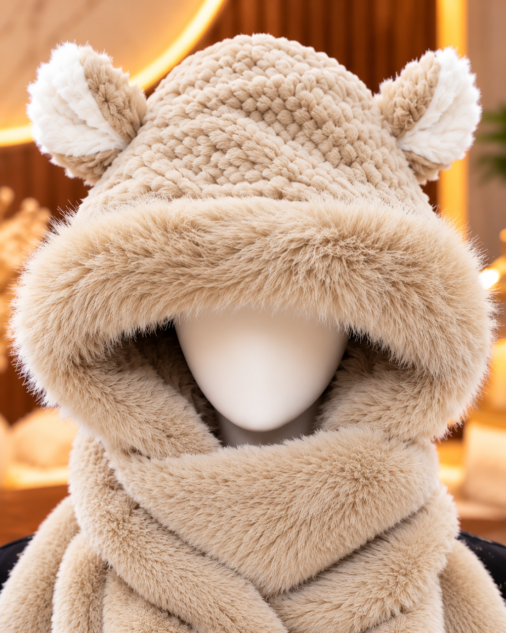 Faux Fur Teddy Bear Hooded Cap with Neck Warmer - Beige II