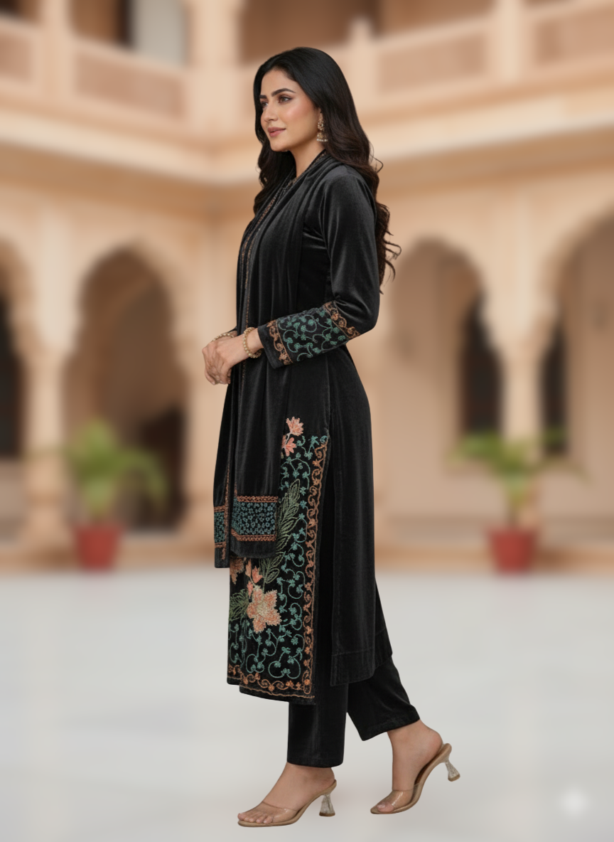 KRITI Winter Velvet 3 Piece Kurti Set Black Color For Women