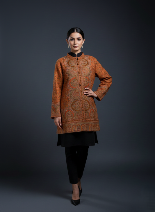 KRITI Women's Woolen Kashmiri Kani Coat – Full Sleeve Ethnic Winter Coat with Floral  Design, Traditional Indian Wear for Party & Casual, Standard Fit