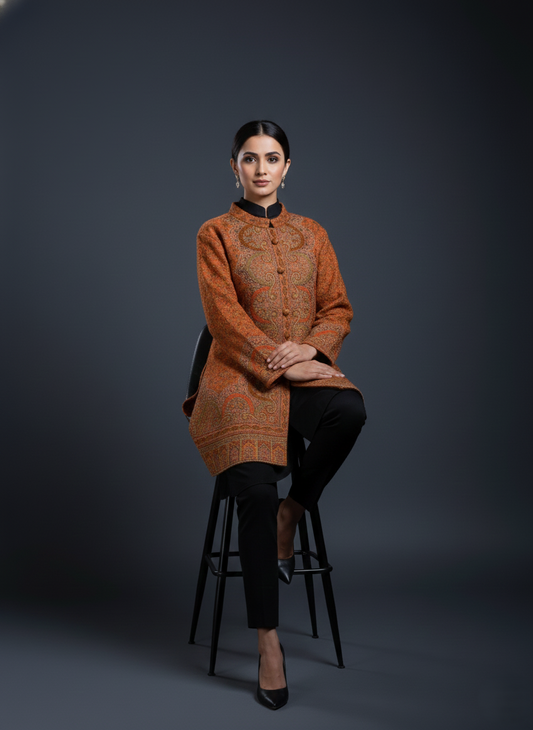 KRITI Women's Woolen Kashmiri Kani Coat – Full Sleeve Ethnic Winter Coat with Floral  Design, Traditional Indian Wear for Party & Casual, Standard Fit