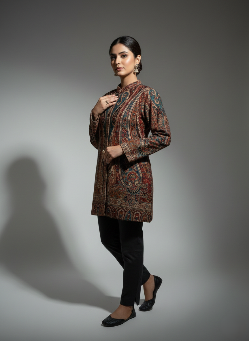 KRITI Women's Woolen Kashmiri Kani Coat – Full Sleeve Ethnic Winter Coat with Floral  Design, Traditional Indian Wear for Party & Casual, Standard Fit