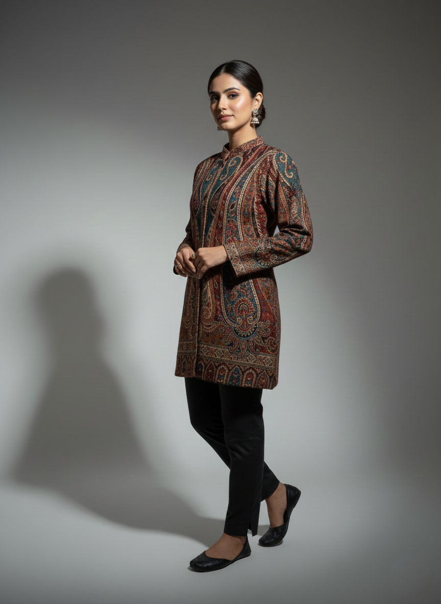 KRITI Women's Woolen Kashmiri Kani Coat – Full Sleeve Ethnic Winter Coat with Floral  Design, Traditional Indian Wear for Party & Casual, Standard Fit