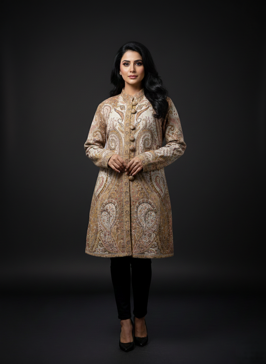 KRITI Women's Woolen Kashmiri Kani Coat – Full Sleeve Ethnic Winter Coat with Floral  Design, Traditional Indian Wear for Party & Casual, Standard Fit