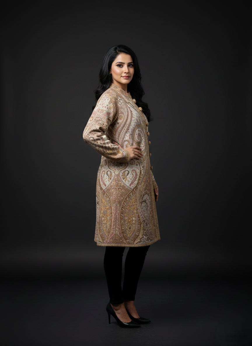 KRITI Women's Woolen Kashmiri Kani Coat – Full Sleeve Ethnic Winter Coat with Floral  Design, Traditional Indian Wear for Party & Casual, Standard Fit