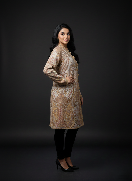 KRITI Women's Woolen Kashmiri Kani Coat – Full Sleeve Ethnic Winter Coat with Floral  Design, Traditional Indian Wear for Party & Casual, Standard Fit