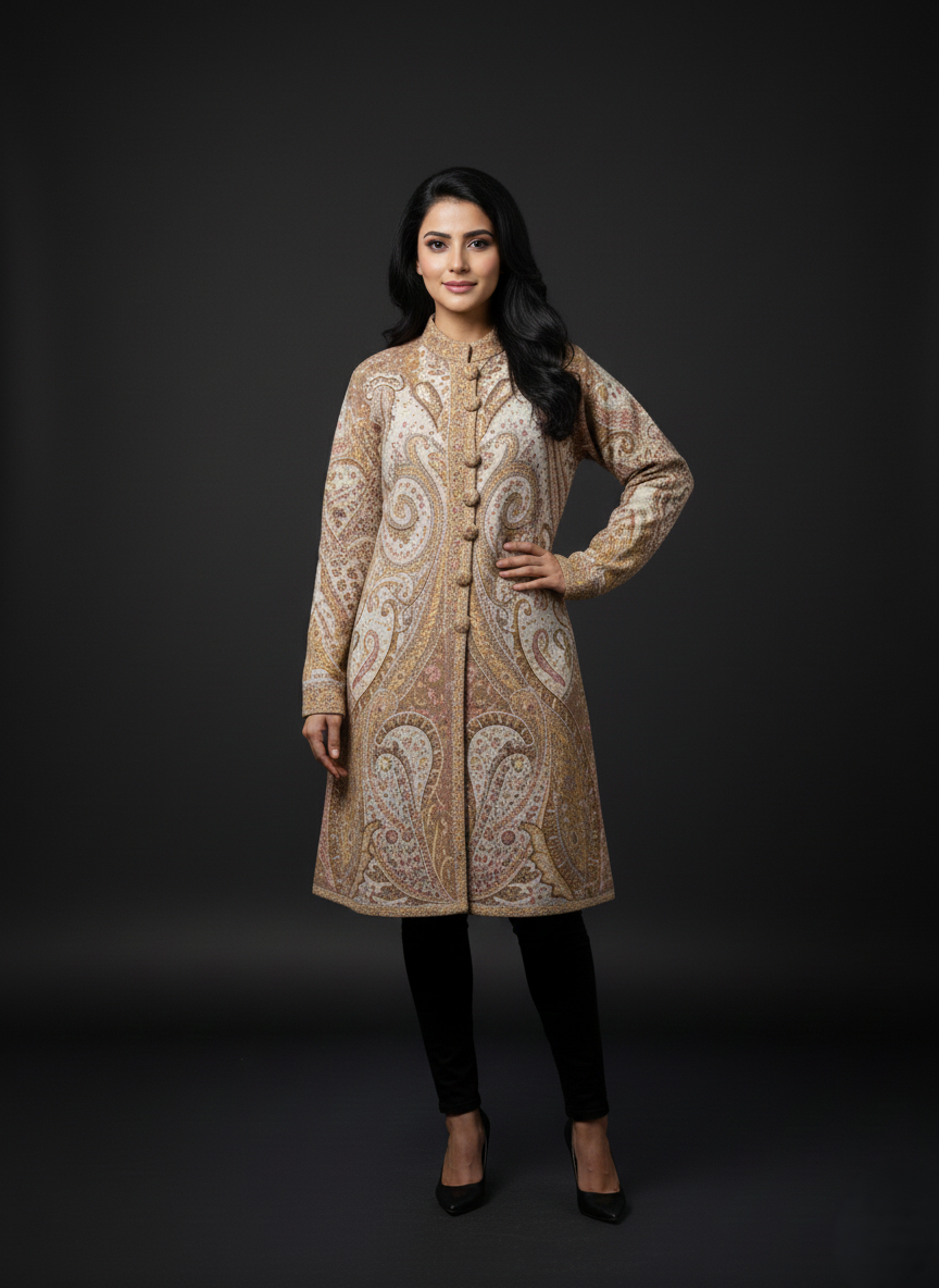 KRITI Women's Woolen Kashmiri Kani Coat – Full Sleeve Ethnic Winter Coat with Floral  Design, Traditional Indian Wear for Party & Casual, Standard Fit