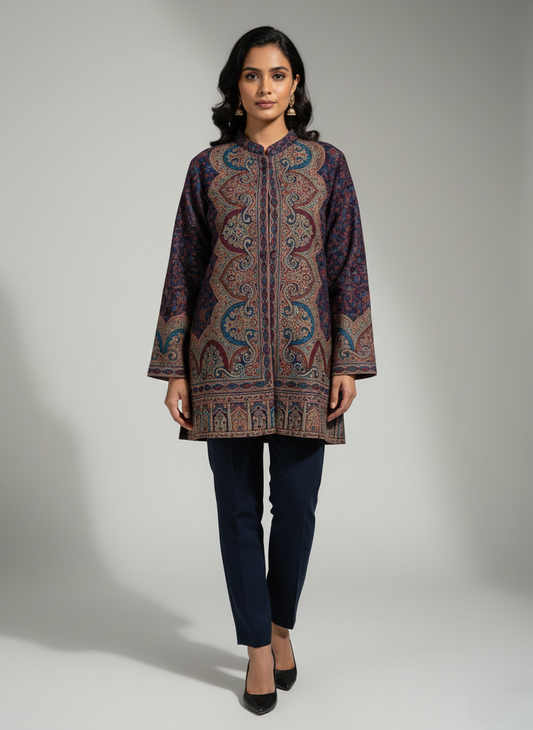 KRITI Women's Woolen Kashmiri Kani Coat – Full Sleeve Ethnic Winter Coat with Floral  Design, Traditional Indian Wear for Party & Casual, Standard Fit