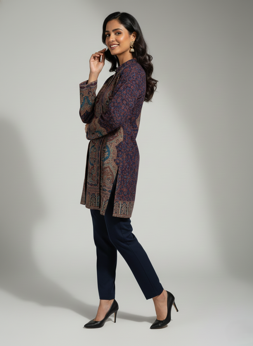 KRITI Women's Woolen Kashmiri Kani Coat – Full Sleeve Ethnic Winter Coat with Floral  Design, Traditional Indian Wear for Party & Casual, Standard Fit