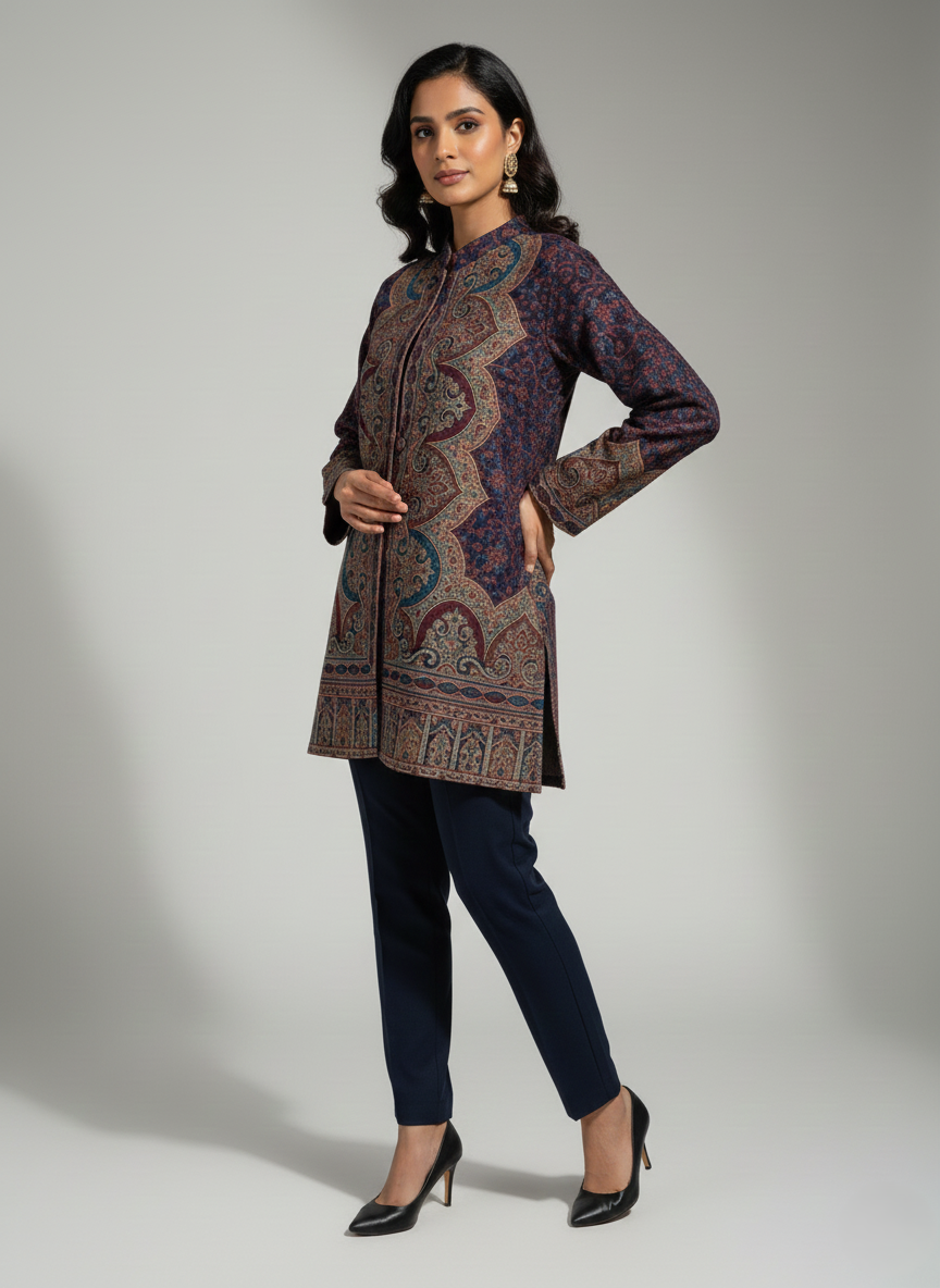 KRITI Women's Woolen Kashmiri Kani Coat – Full Sleeve Ethnic Winter Coat with Floral  Design, Traditional Indian Wear for Party & Casual, Standard Fit