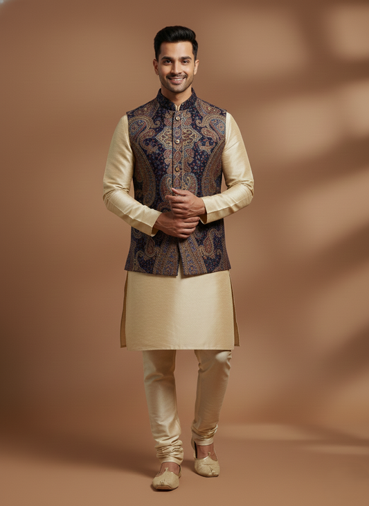 KRITI Men's Kani Nehru Jacket | Traditional Kashmiri Paisley Print Modi Vest | Ethnic Indian Waistcoat for Wedding, Festival, and Formal Wear