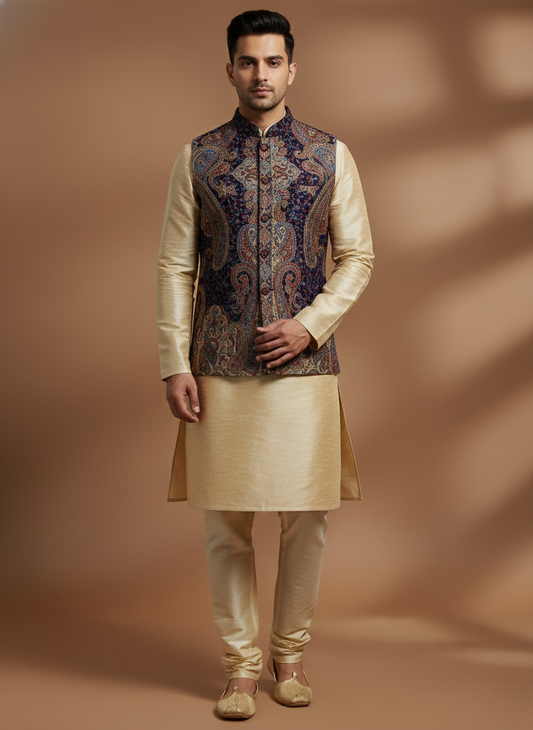 KRITI Men's Kani Nehru Jacket | Traditional Kashmiri Paisley Print Modi Vest | Ethnic Indian Waistcoat for Wedding, Festival, and Formal Wear