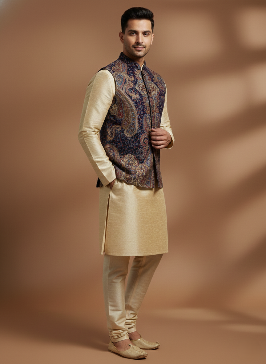 कृति महिलाओं के लिए पारंपरिक कानी डिज़ाइन ऊनी कोट सरसों रंग