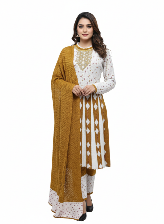 KRITI Winter Embroidery 3 Piece Kurti Set Mustard Color For Women