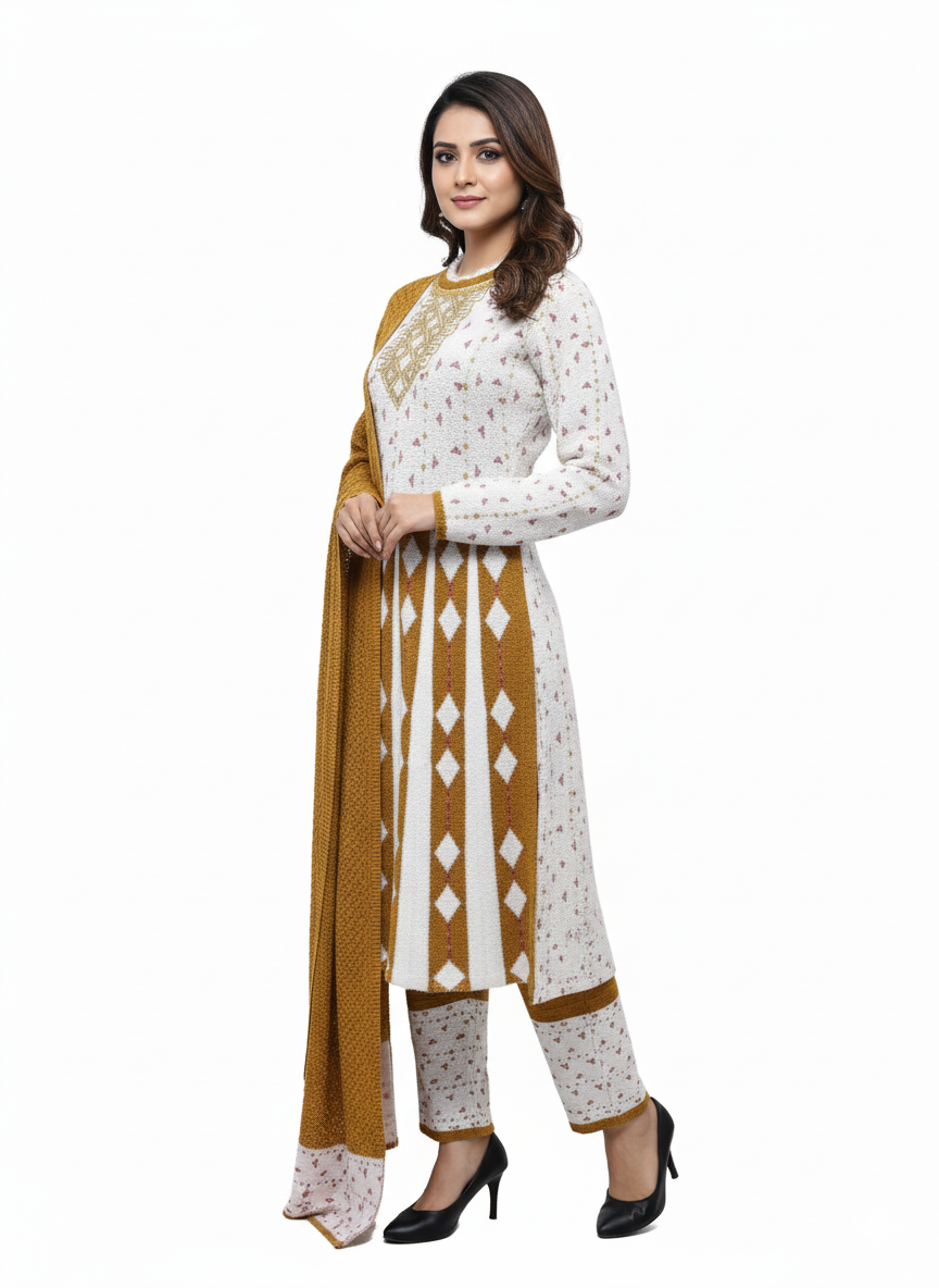 KRITI Winter Embroidery 3 Piece Kurti Set Mustard Color For Women