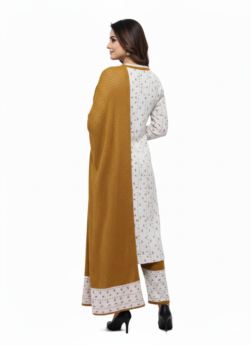KRITI Winter Embroidery 3 Piece Kurti Set Mustard Color For Women