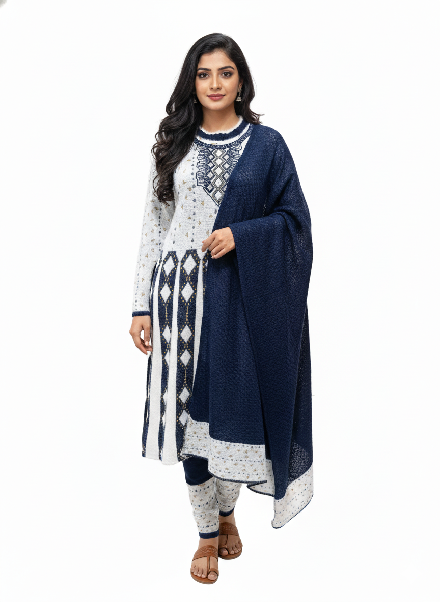 KRITI Winter Embroidery 3 Piece Kurti Set Navy Color For Women
