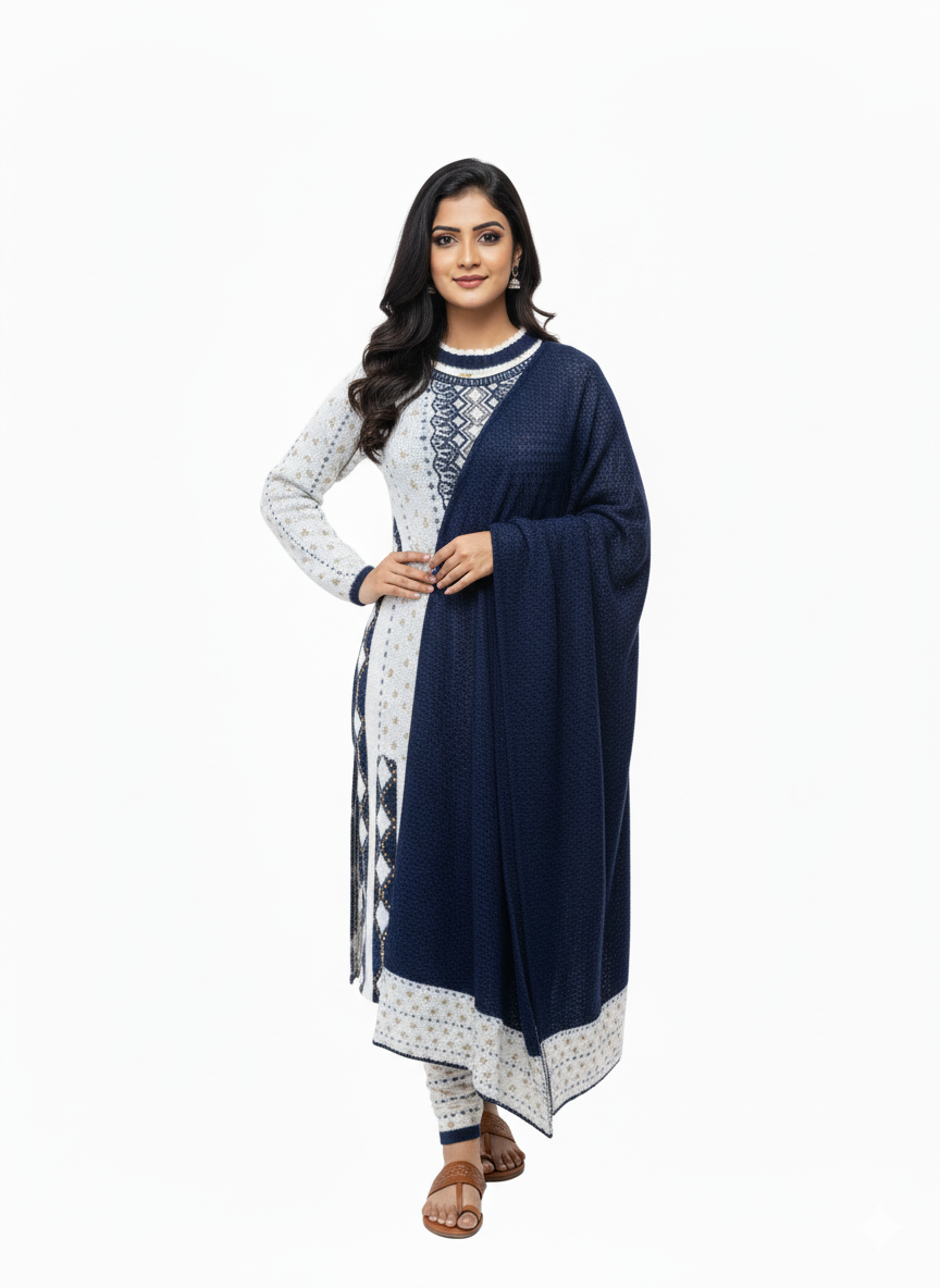 KRITI Winter Embroidery 3 Piece Kurti Set Navy Color For Women