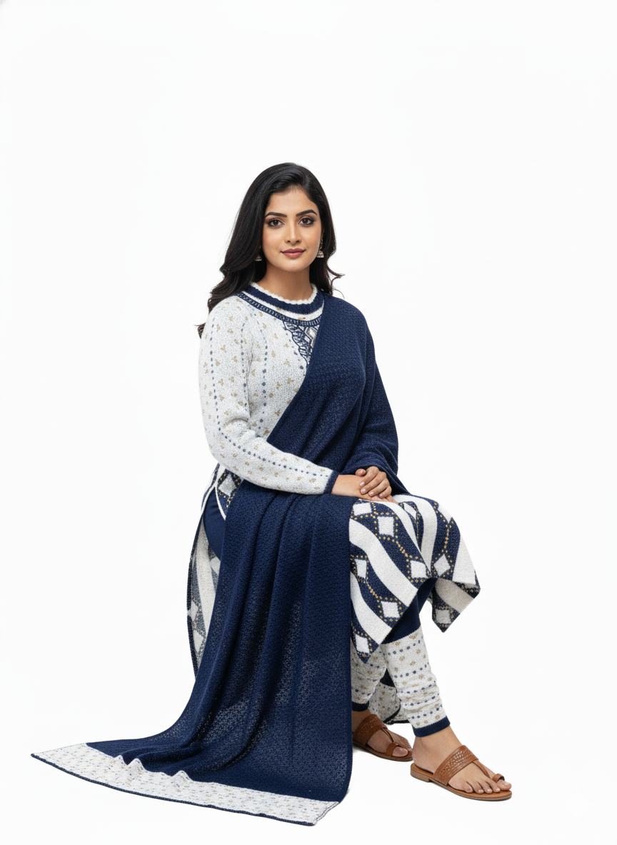 KRITI Winter Embroidery 3 Piece Kurti Set Navy Color For Women