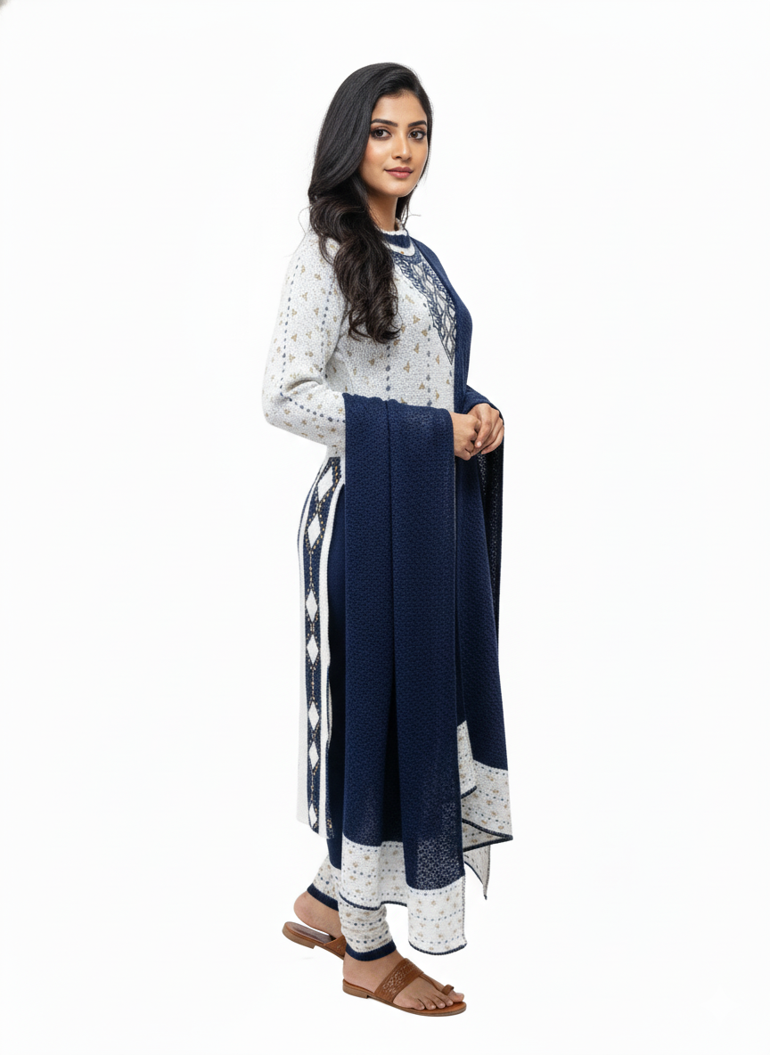 KRITI Winter Embroidery 3 Piece Kurti Set Navy Color For Women