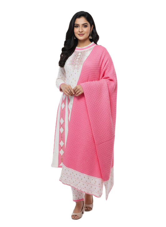 KRITI Winter Embroidery 3 Piece Kurti Set Pink Color For Women