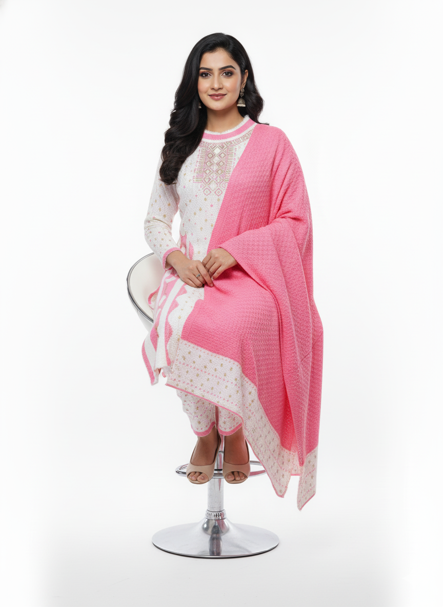 KRITI Winter Embroidery 3 Piece Kurti Set Pink Color For Women