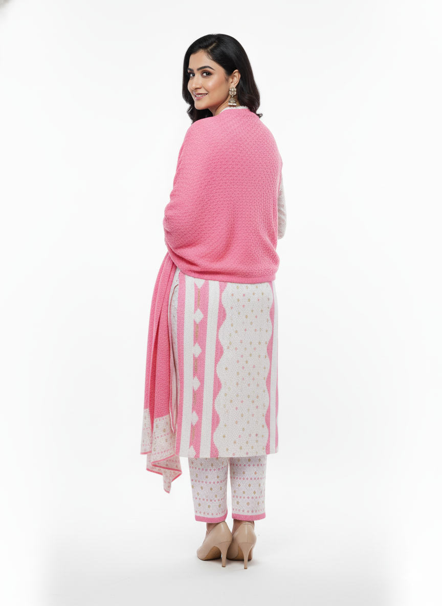 KRITI Winter Embroidery 3 Piece Kurti Set Pink Color For Women