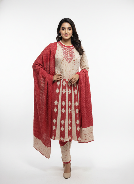 KRITI Women's Embroidered 3 Piece Kurti Set  - Cozy Winter- Knit Kurta & Shawl