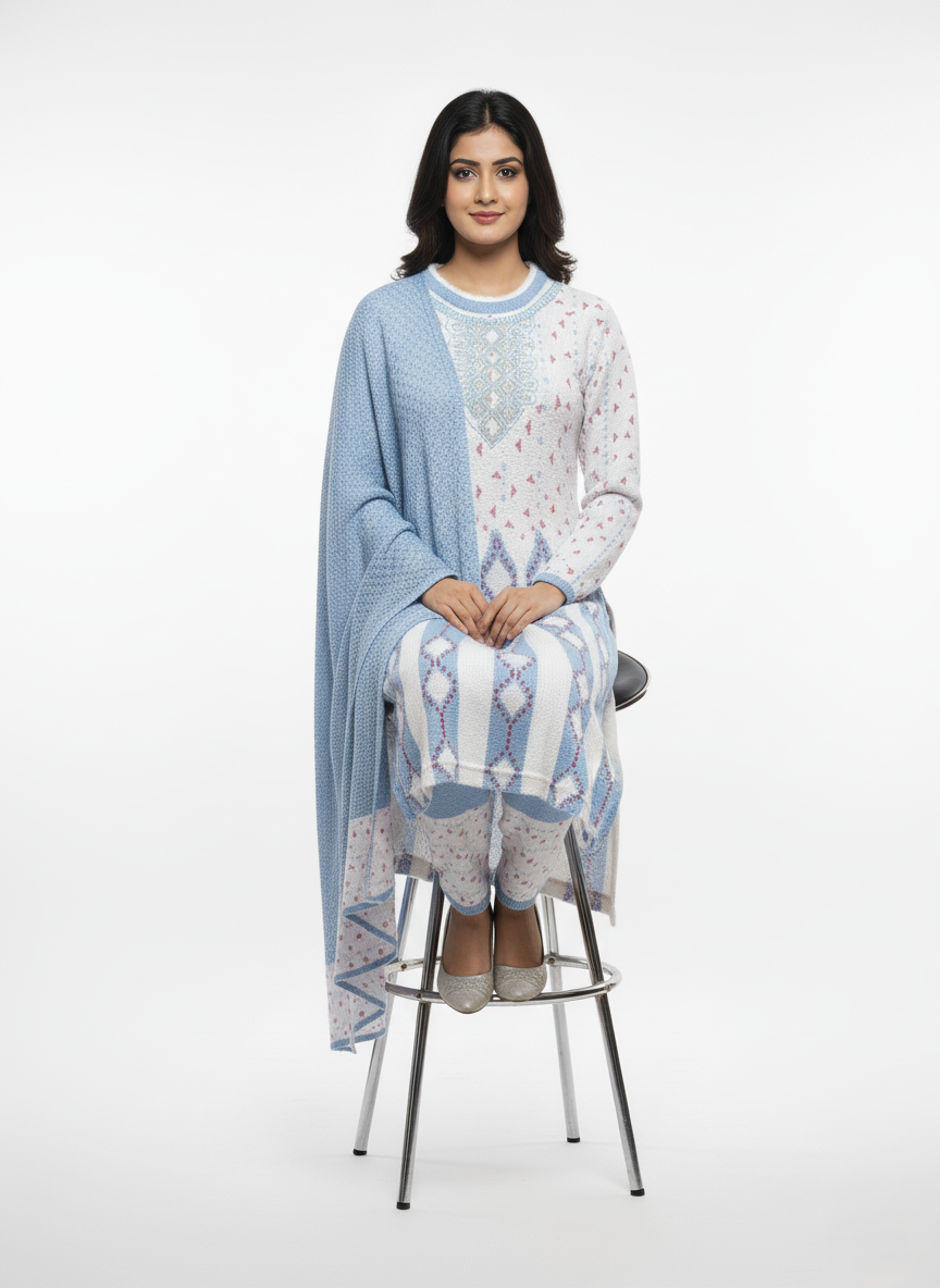 KRITI Women's Embroidered 3 Piece Kurti Set- Cozy Winter- Knit Kurta & Shawl