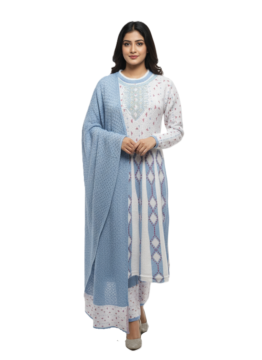KRITI Women's Embroidered 3 Piece Kurti Set- Cozy Winter- Knit Kurta & Shawl