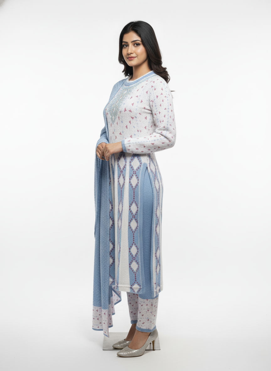 KRITI Women's Embroidered 3 Piece Kurti Set- Cozy Winter- Knit Kurta & Shawl