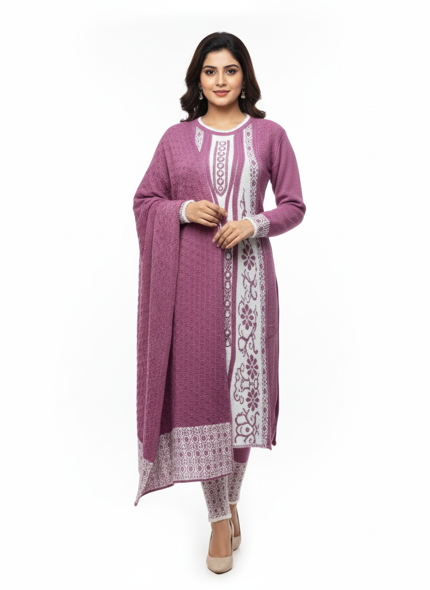 Winter Embroidered 3 PC Kurti Set - Purple