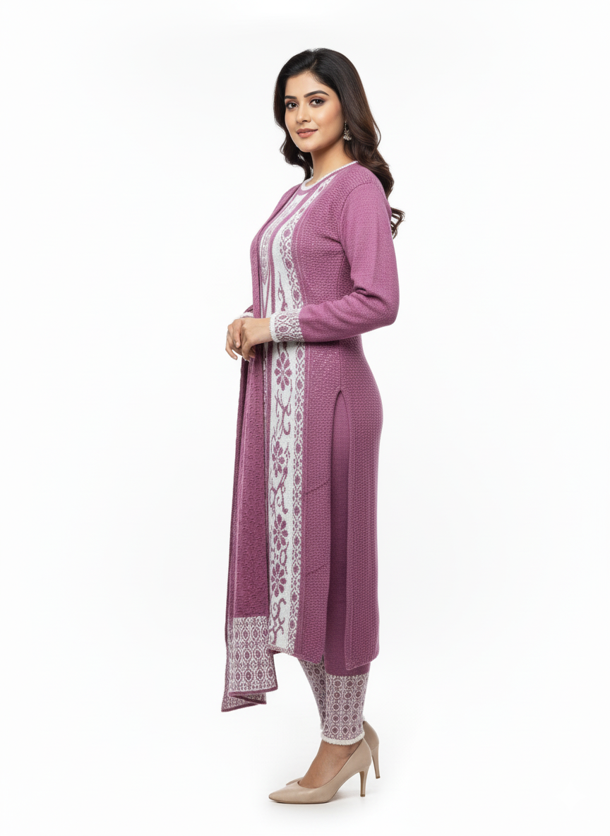 Winter Embroidered 3 PC Kurti Set - Purple