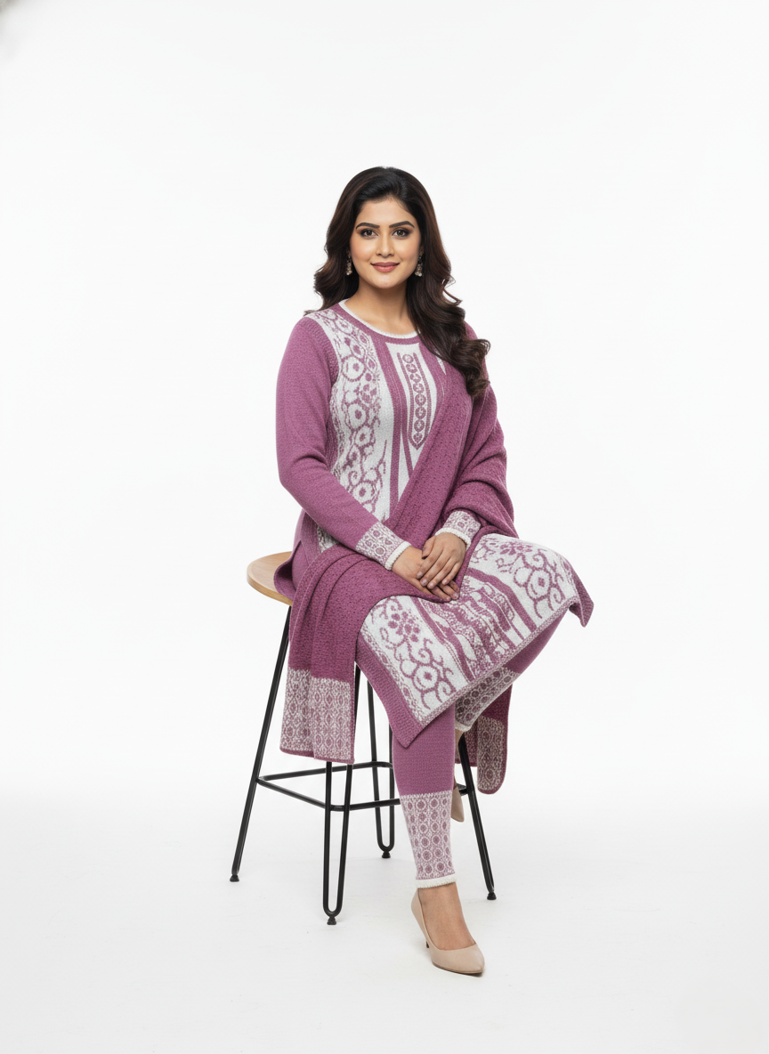 Winter Embroidered 3 PC Kurti Set - Purple