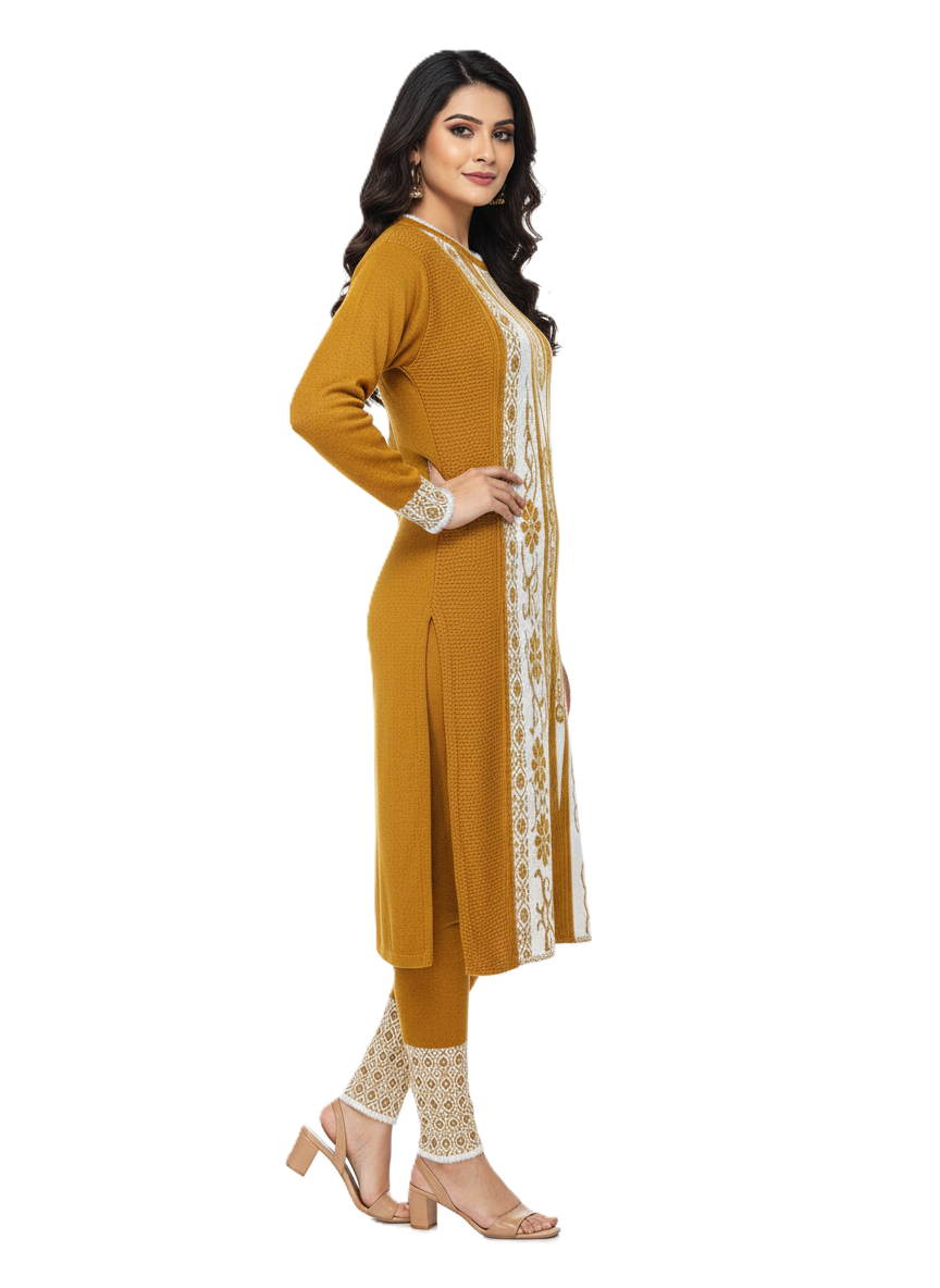 Winter Embroidered 3 PC Kurti Set - Mustard