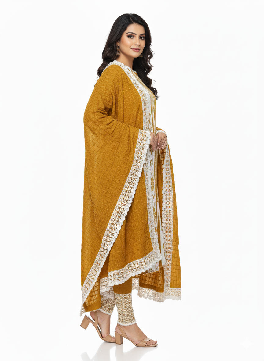 KRITI Winter Embroidery 3 Piece Kurti Set Mustard Color For Women