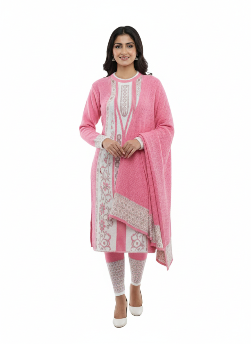 Winter Embroidered 3 PC Kurti Set - Pink