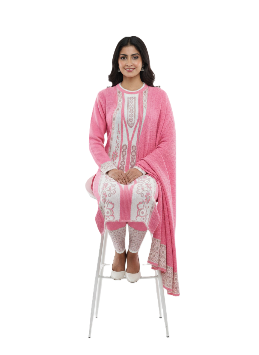Winter Embroidered 3 PC Kurti Set - Pink