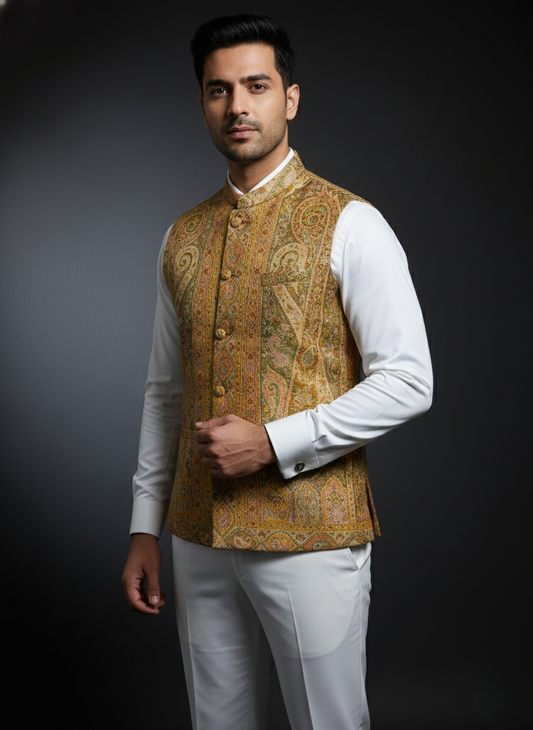 KRITI Men's Kani Nehru Jacket | Traditional Kashmiri Paisley Print Modi Vest | Ethnic Indian Waistcoat for Wedding, Festival, and Formal Wear - Ochre Gold