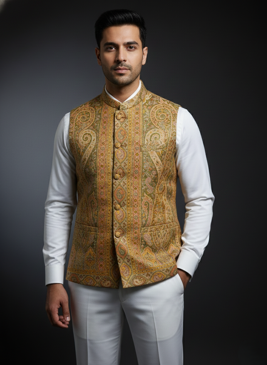 KRITI Men's Kani Nehru Jacket | Traditional Kashmiri Paisley Print Modi Vest | Ethnic Indian Waistcoat for Wedding, Festival, and Formal Wear - Ochre Gold