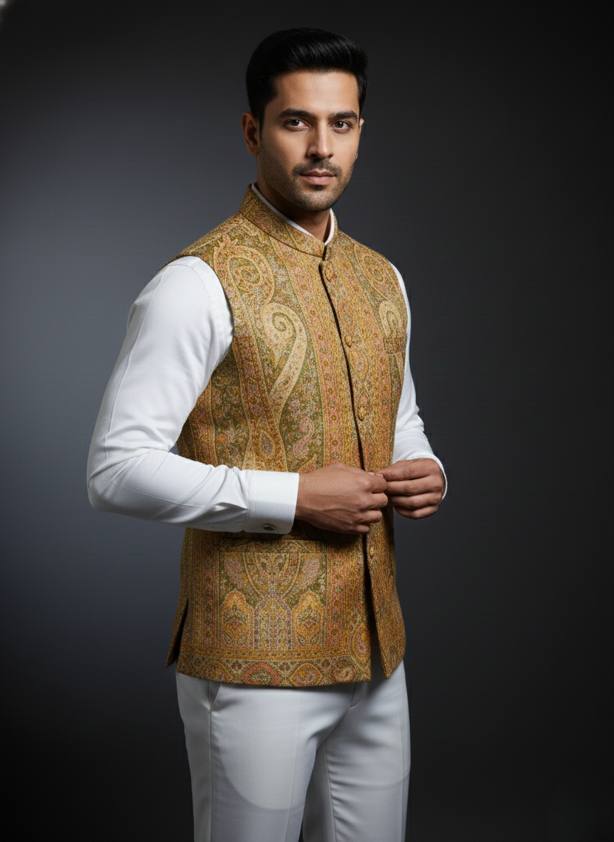 कृति महिलाओं के लिए पारंपरिक कानी डिज़ाइन ऊनी कोट सरसों रंग