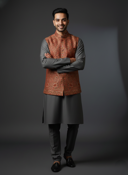 KRITI Men's Kani Nehru Jacket | Traditional Kashmiri Paisley Print Modi Vest | Ethnic Indian Waistcoat for Wedding, Festival, and Formal Wear
