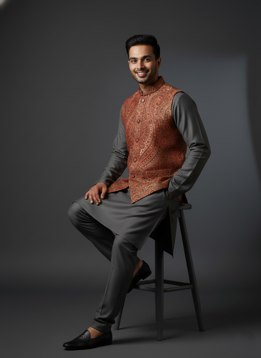 KRITI Men's Kani Nehru Jacket | Traditional Kashmiri Paisley Print Modi Vest | Ethnic Indian Waistcoat for Wedding, Festival, and Formal Wear