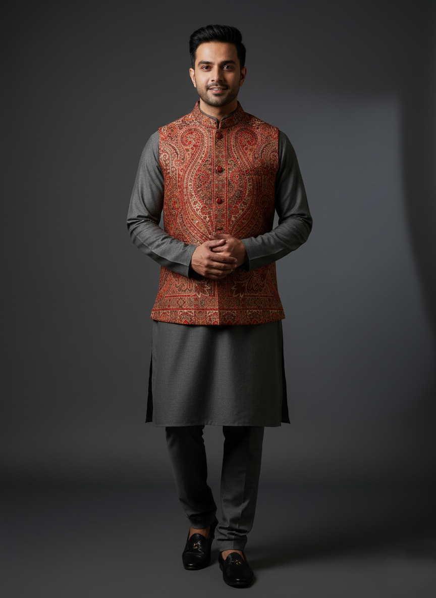 कृति महिलाओं के लिए पारंपरिक कानी डिज़ाइन ऊनी कोट सरसों रंग