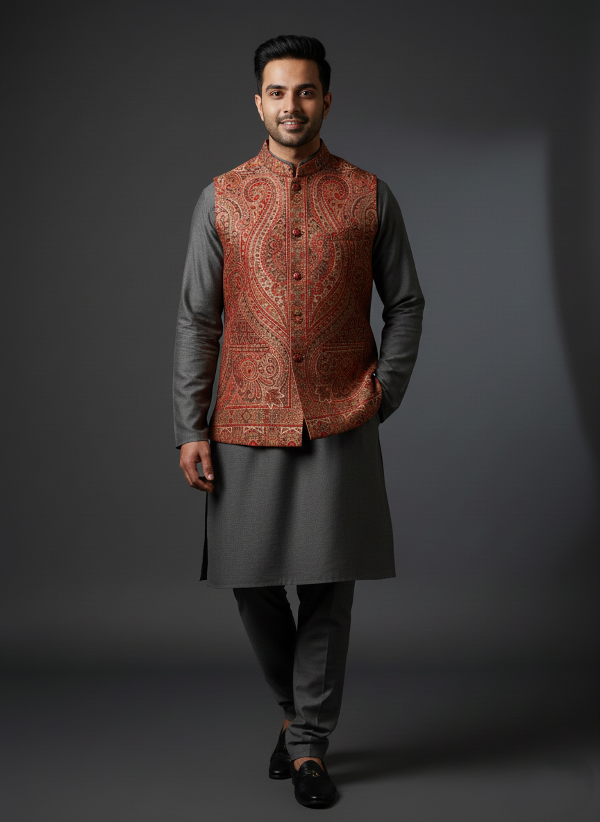 कृति महिलाओं के लिए पारंपरिक कानी डिज़ाइन ऊनी कोट सरसों रंग