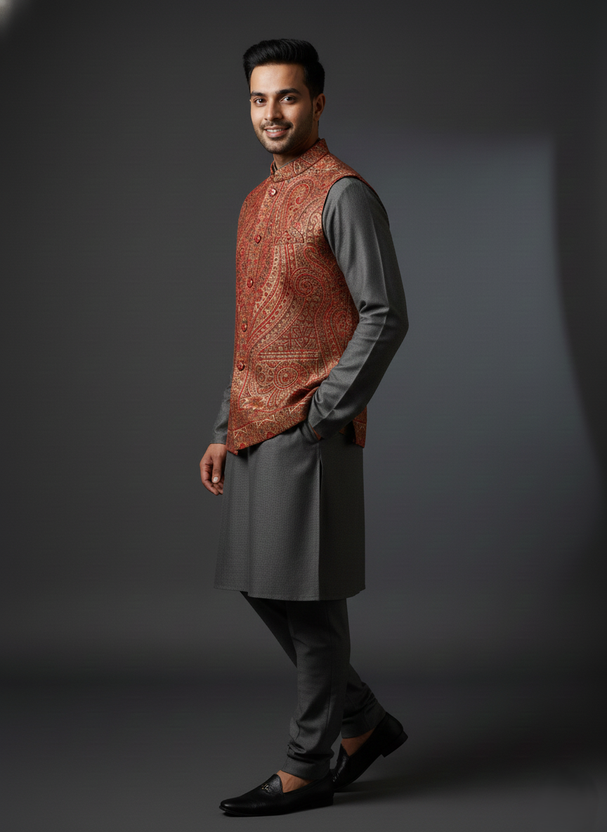 कृति महिलाओं के लिए पारंपरिक कानी डिज़ाइन ऊनी कोट सरसों रंग