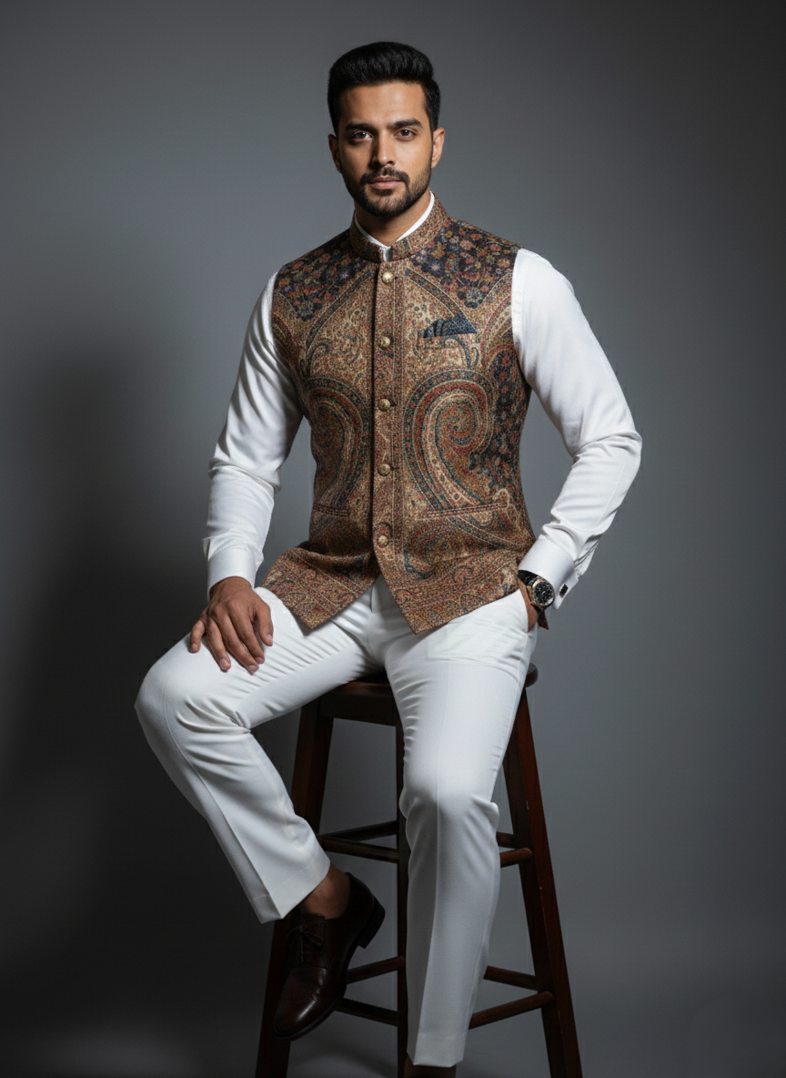 कृति महिलाओं के लिए पारंपरिक कानी डिज़ाइन ऊनी कोट सरसों रंग