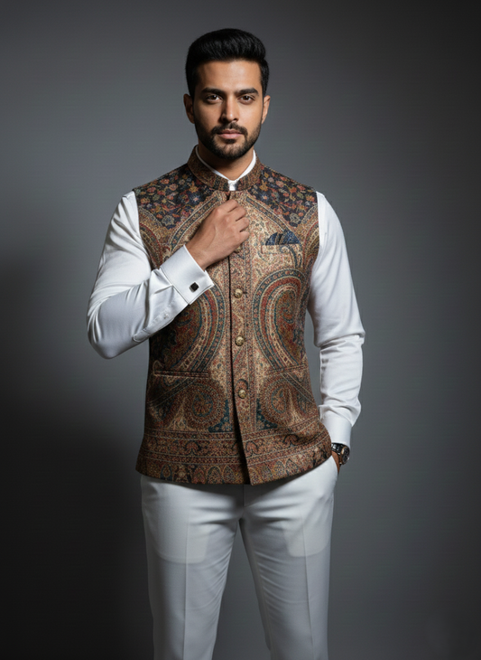 KRITI Men's Kani Nehru Jacket | Traditional Kashmiri Paisley Print Modi Vest | Ethnic Indian Waistcoat for Wedding, Festival, and Formal Wear